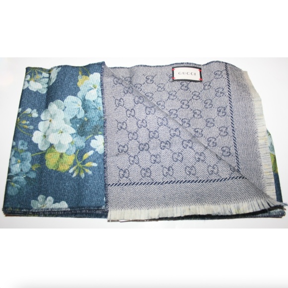 Gucci Blooms Floral Blue Wool Neck Scarf - Picture 4 of 8